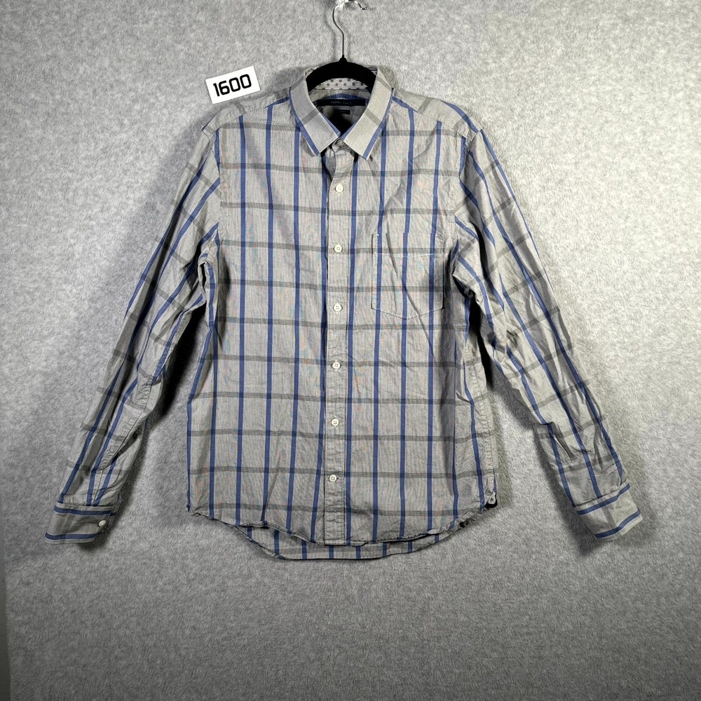 Perry Ellis Shirt Mens Medium Gray Blue Plaid Slim Fit‎ Cotton Casual Button Up